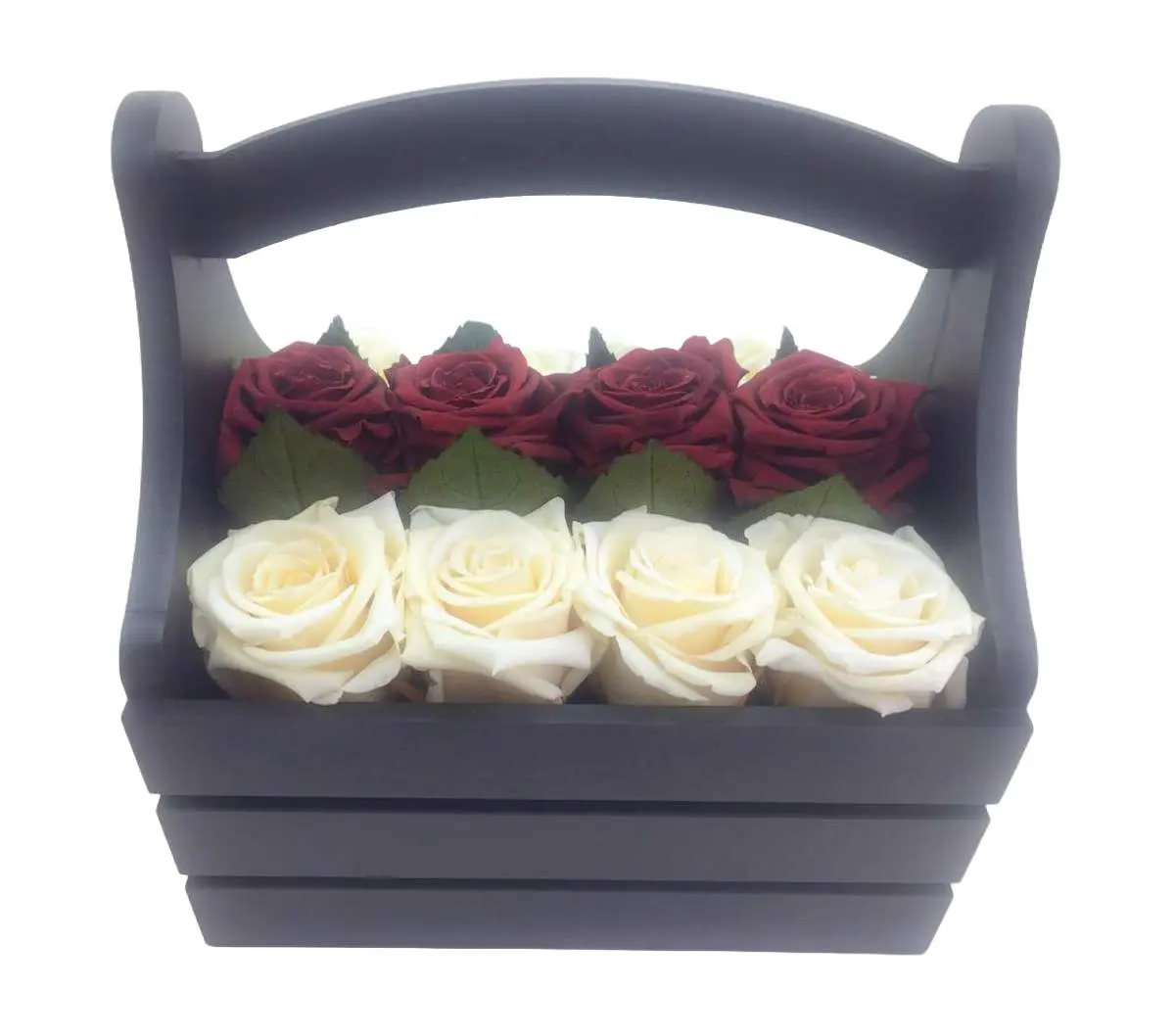 Black Basket Wooden Box / 8 Large Champagne Roses + 4 Large Red Roses / Eternal Fresh Flower