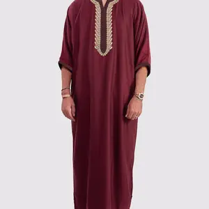 Eibbylink Men's Moroccan Embroidered Robe - Casual V-Neck Short Sleeve Islamic Dressing Gown with Side Pockets, 75% Polyester 20% Rayon 5% Spandex, Non-Stretch Woven Fabric, Loose Fit for Spring/Summer