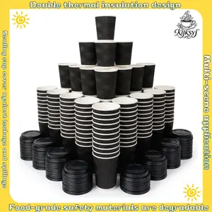 Daily life 16oz Coffee Cups with Lids, KIJKSYJ 100 Pack Insulated Ripple Paper Cups, Disposable Coffee Cups for Water, Juice, Coffee soda glass set