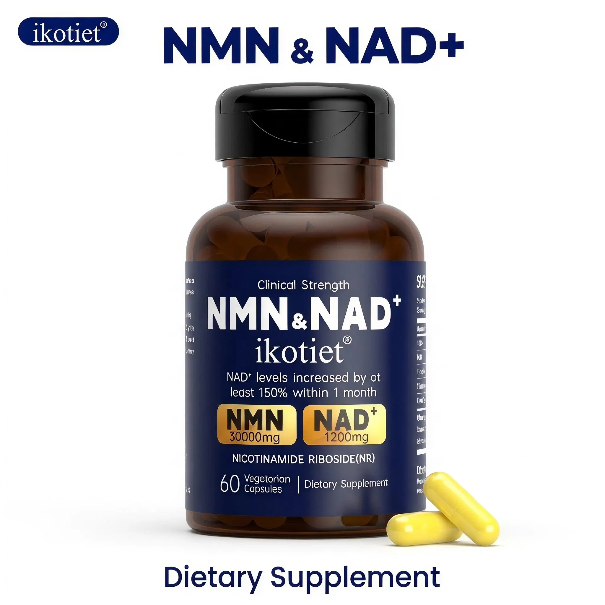 ikotiet 3-in-1 Formula (NMN + NAD+) – Boosts Daily Vitality & Cellular Health; Enhances Mental Clarity & Energy Levels; Vegetarian Capsules | 300 Count [150-Day Supply] – Suitable for Men & Women – 1 Full-Size Bottle + 1 Trial Pack (Dietary Supplement)