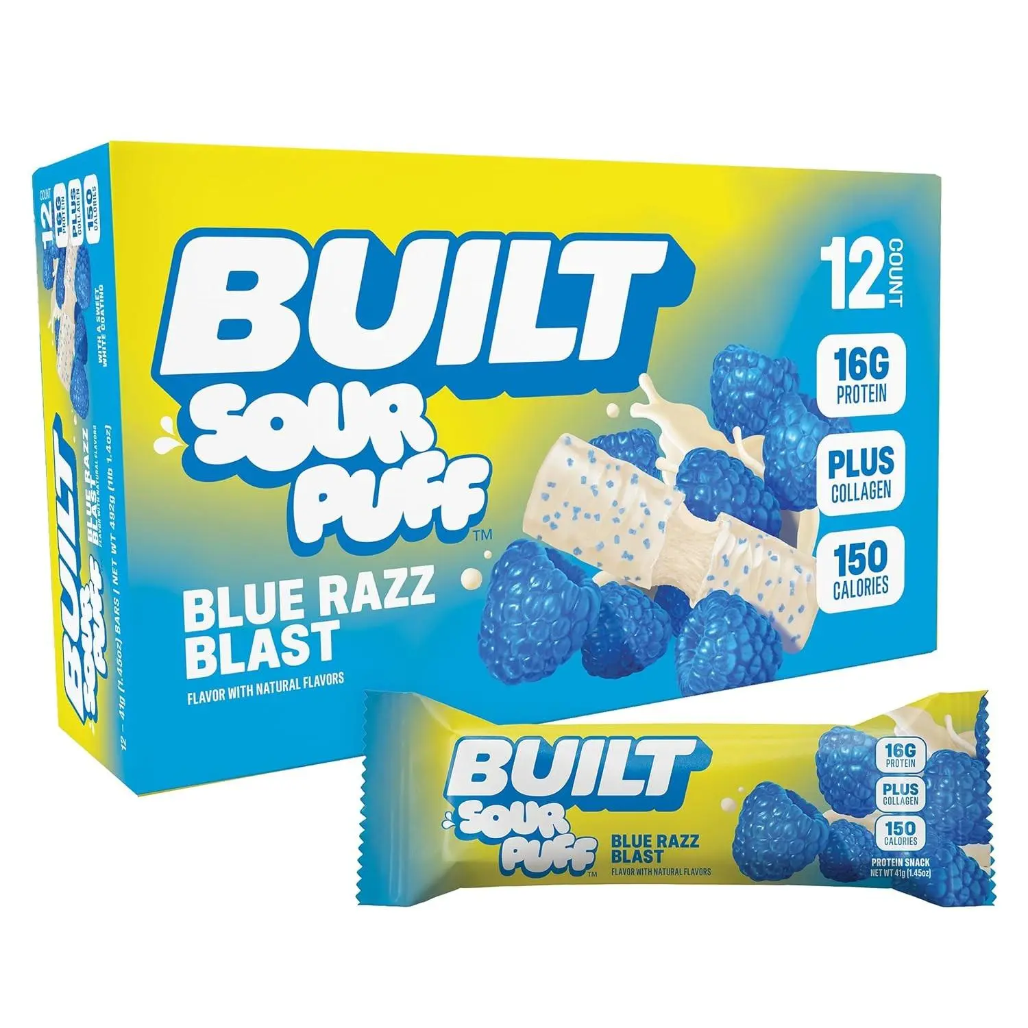 BUILT Sour Puff Protein Bar Blue Razz Blast 1.41 oz 12 ct