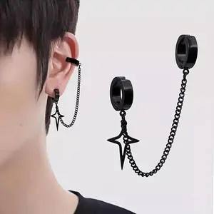 2026 New Men’s Hip Hop Motorcycle Chain Punk Earrings - Non-Piercing Stainless Steel Mini Clips Jewelry, Clips Earrings