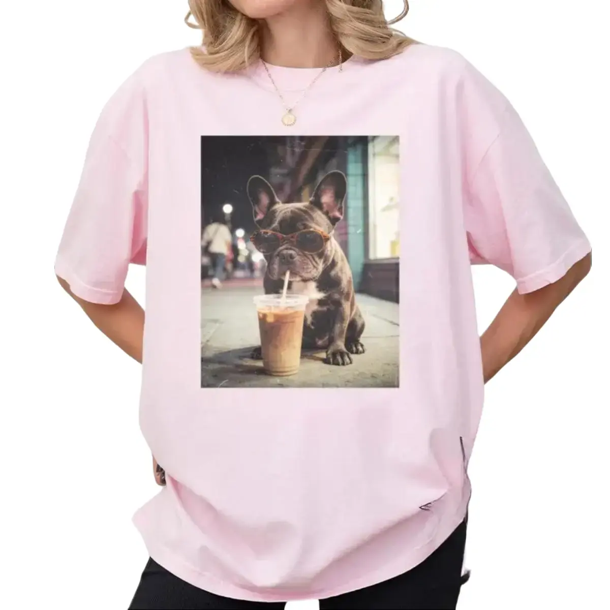 French Bulldog Unisex T-Shirt Funny Frenchie Drinking Coffee, Vintage Dog Mom Tee, Pet Lover Gift