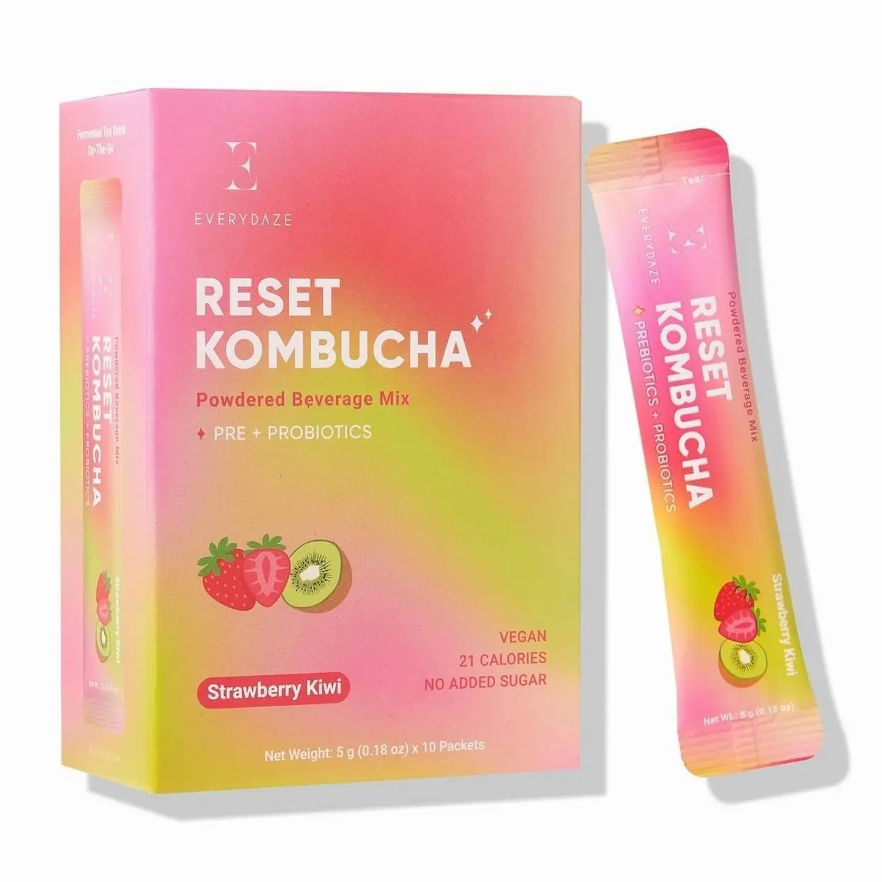 Everydaze Reset Kombucha Tea Powdered Beverage Mix | 10 Sticks | Prebiotics + Probiotics | Vegan | No Added Sugar, Gluten Free, Sparkling Powder Drink Pack (Strawberry Kiwi)
