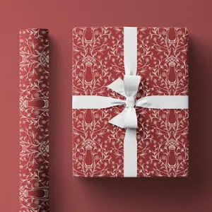 Red and White Floral Gift Wrap, Wrapping Paper Roll with Classic and Vintage-Inspired Design for Christmas, Birthdays and Holidays