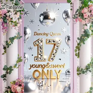 2D flat banner, 1pcDancing Queen 17th Birthday Party Backdrop, Silver Disco Ball & Metallic Balloons Holiday Celebration Banner for Sweet 17th Party Decorgalentines party decor, valentine day decor, decorations for valentines day