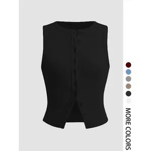 Women's Plain Button Front Ribbed Crop Tank Top, Casual Sleeveless Round Neck Top for Daily Wear, Ladies Clothes for All Seasons