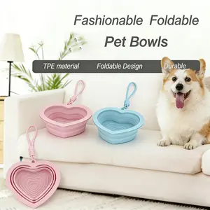 350ML Heart-Shaped Foldable Pet Bowl with Lanyard, Soft Silicone Portable Dog Bowl, Pink/Blue Available, Food Water Bowl for Dogs Cats, Perfect for Outdoor Walking Camping Travel Feeding And Water Supply