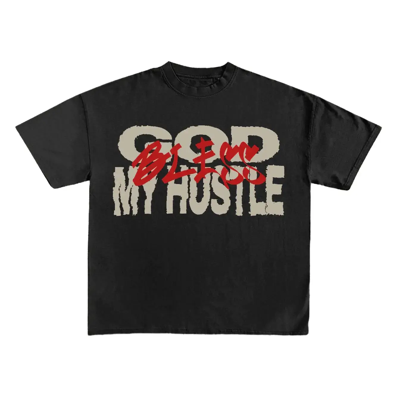 God Bless My Hustle Print Short Sleeve T-Shirt Fabric Menswear Top Man Tshirt Streetwear Crewneck Shortsleeve Casual