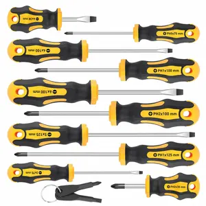 12-piece magnetic multipurpose screwdriver set, including 5 Phillips and 5 slotted professional cushioned handle screwdrivers, as well as two key screwdrivers