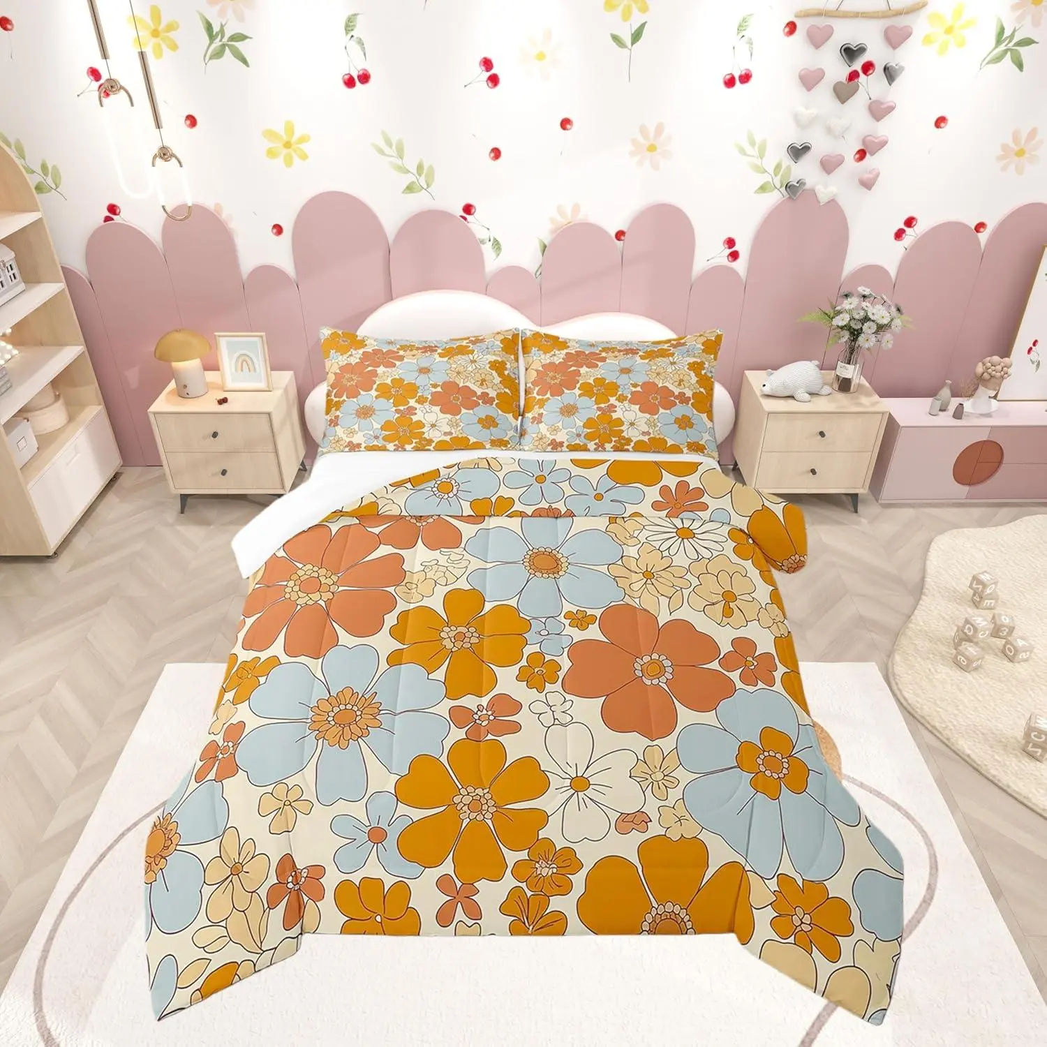 Retro 70s 60s Floral Hippie Comforter Setsummer Groovy Flowers Quilt Set for Kids Boys Bedroom Collection,Boho Plant Polyester Bedding