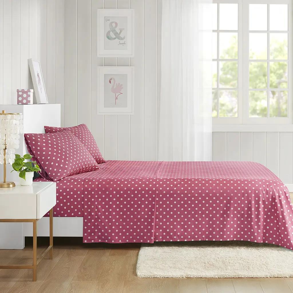 MAIN STREET Cotton Material Printed Pattern Polka Dot Blush Pink Bedding Set - Soft, Feel Cosy Sheets & Pillowcases for Child's Room