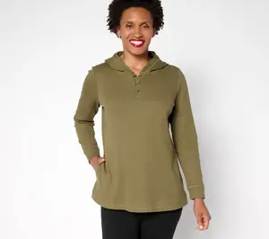 Denim & Co. Active Petite Waffle Knit Hooded Henley Tunic