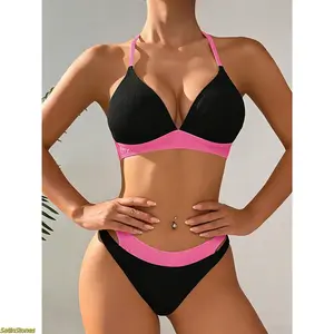 Swim Basics Summer Beach Women's Color Block Halter Tie Sexy Bikini Set For Vacation 406-0527