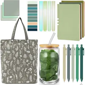 18 count Sage Green Office School Study Supplies Aesthetic Stationery Set Glass Cup Canvas Tote Bag A6 Leather Journal Notebook Green Sticky Notes for Women Book Lover Librarian Graduation