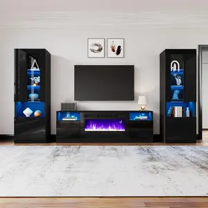 VanAcc Fireplace Entertainment Center Set, Includes 70" Fireplace TV Stand & 2 LED Highgloss Bookcases, Modern Storage Cabinets for TVs up to 80"
