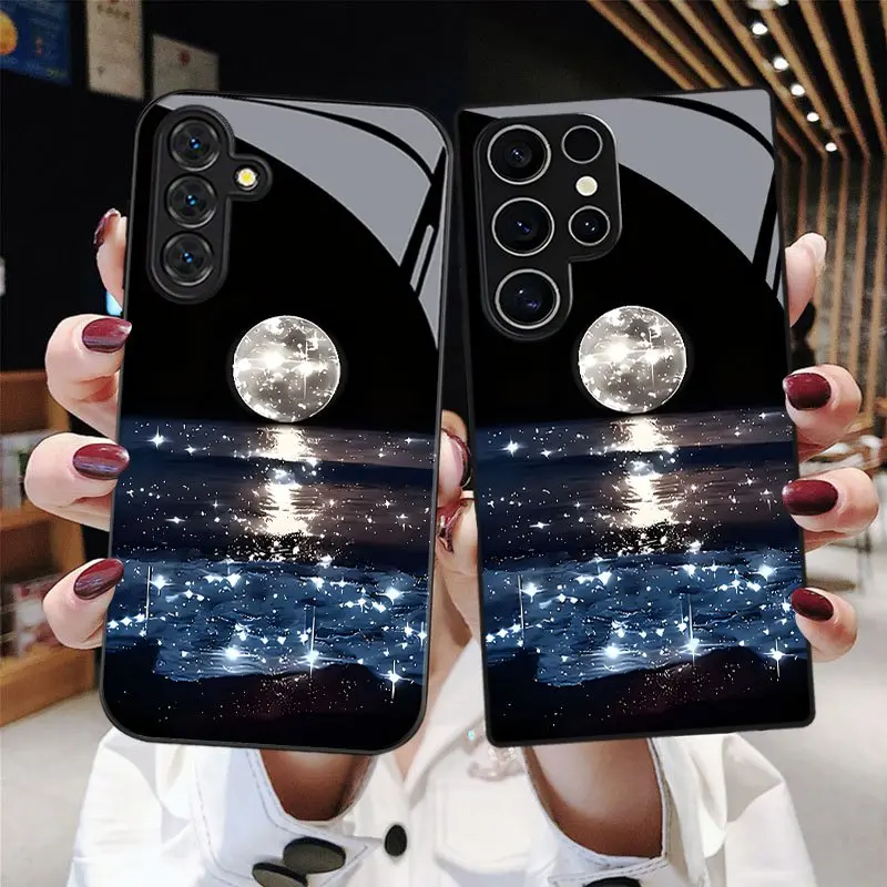 Moon and Starry Sky Print Phone Case for  S26 S25 S24 S23 S22Pro S21 S20 Fe Plus Ultra Pro A56 A55 A54 A53 A52 A51 A36 A35 A34 A32 A26 A25 A24 A23 A16 A15 A14 A06 A05 A03s - Shockproof Tempered Glass Cover, Fashionable, Accessories, Smartpho, Smartphone,,