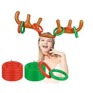 Inflatable Christmas Reindeer Antler Ring Game Set, Includes 4 Rings & Decorative Collar Gift, Fun Holiday Party Activity Toy
