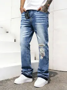 Four-season men's blue washed knee ripped loose flared jeans, non-stretch denim long pants, comfortable and loose fit suitable for daily casual wear, urban gatherings, and weekend fashion styling. A must-have trendy men's long pants Streetwear 🔥