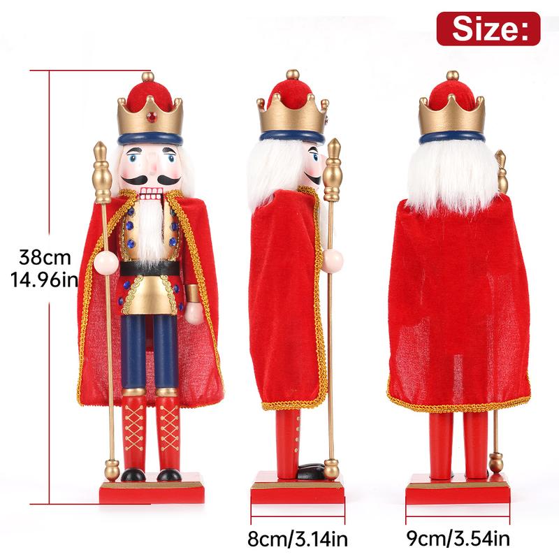 38CM Christmas Wooden Nutcracker Vintage Statue Creative Puppet Handmade European Style Model Red King Doll Christmas Gift Home Decoration