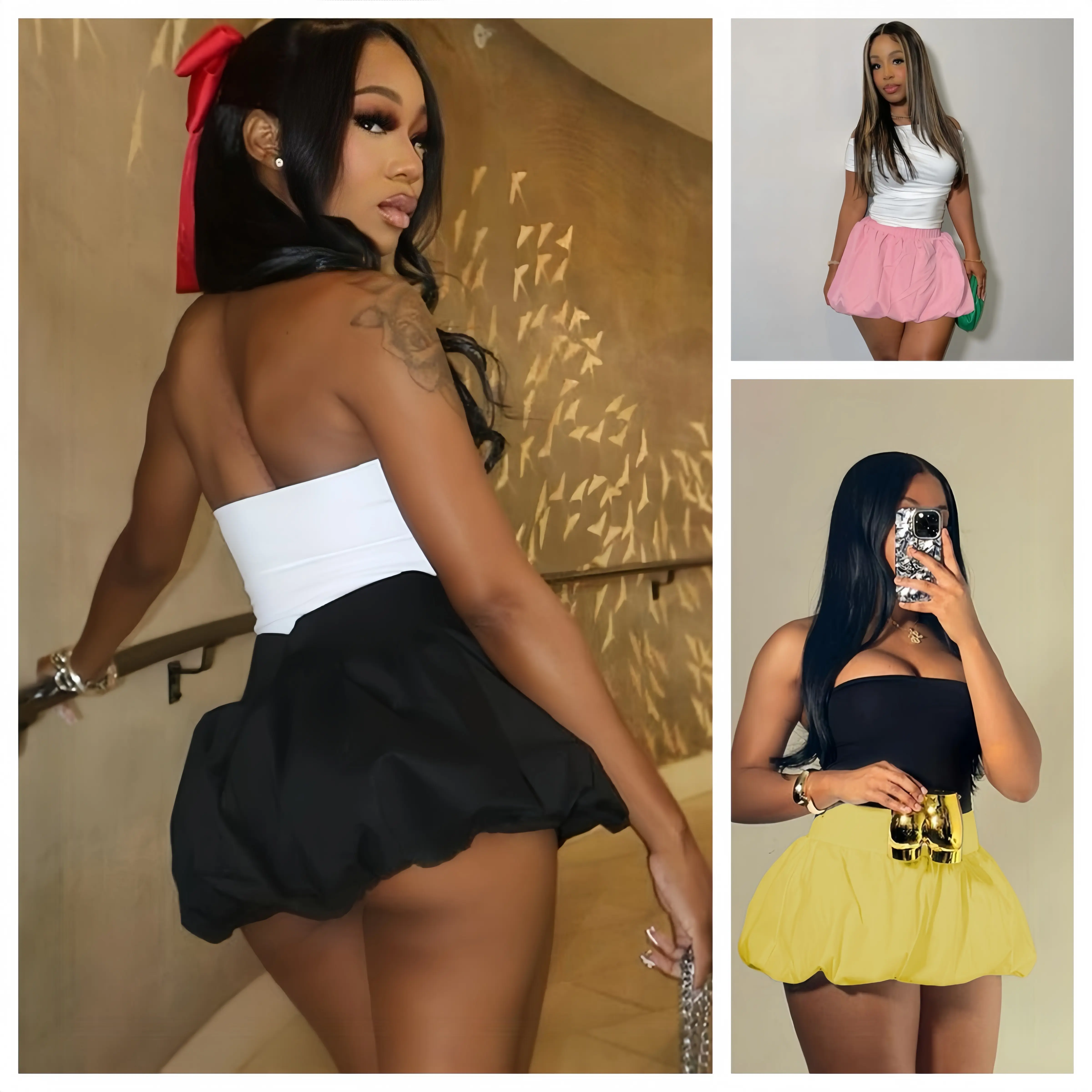 Women's Bubble Mini Skirt High Waist Balloon Hem Puffy Skater Style Elastic Waistband Short Skirt