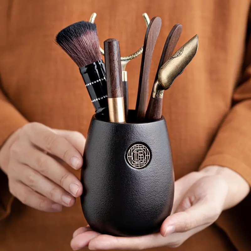 6-Piece Traditional Kung Fu Tea Ceremony Set, Wooden Tea Utensils with Holder, Includes Tea Knife, Tongs, Brush, and Accessories for Tea Table - Elegant Chinese Tea Tools Set