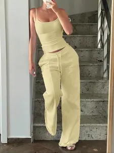 Slim Fit Y2K Basic Soft Stretchy Layering Minimalist Korean Style Spring Summer Essential Casual Streetwear Sleeveless Top, Knit, with Drawstring Wide Leg High Waisted Soft Cotton Athleisure Sweatpants Elastic Waist