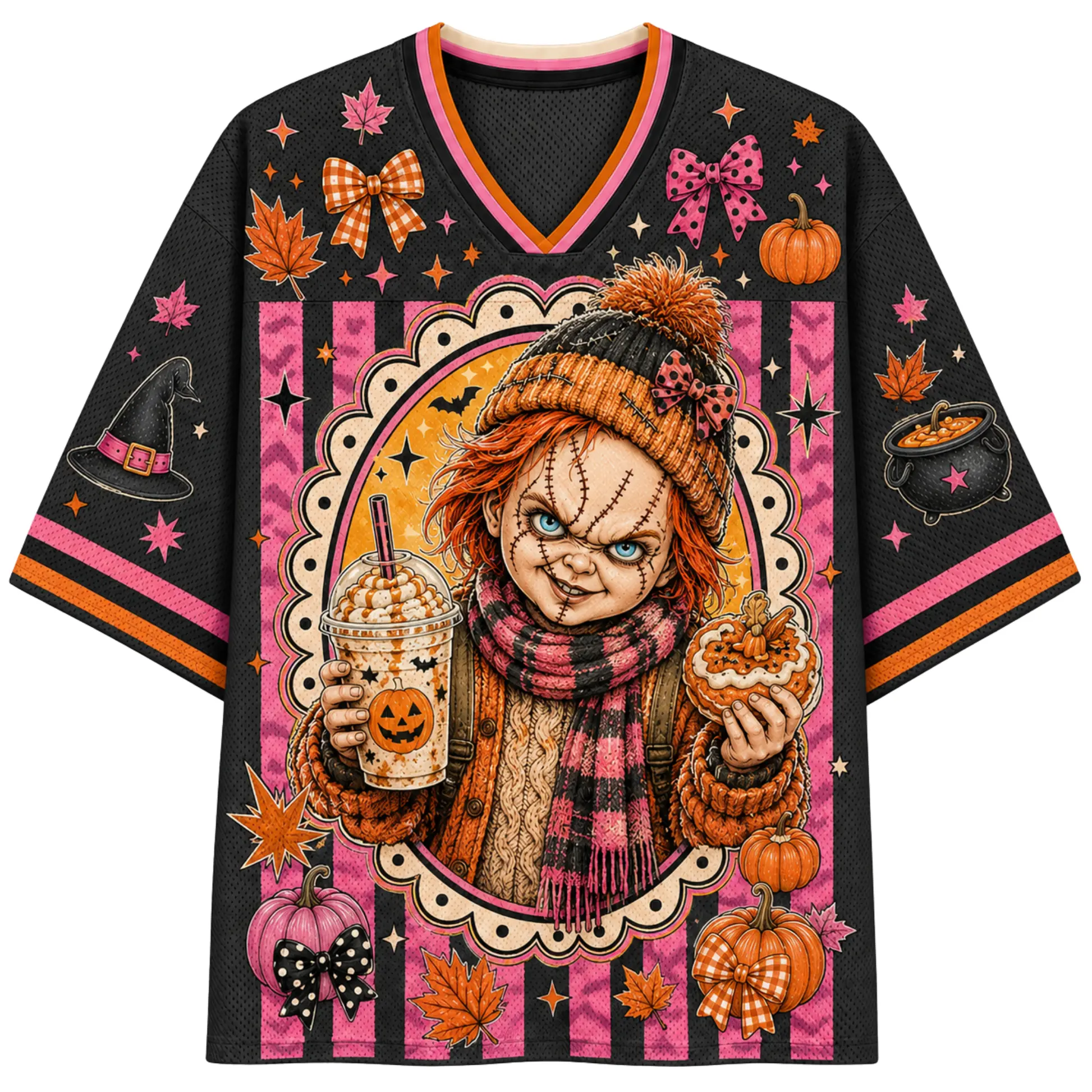 Cozy Horror Character Football Jersey Mesh Shirt, Pumpkin Spice Latte Halloween T-Shirt, Slasher Fan Costume Gift
