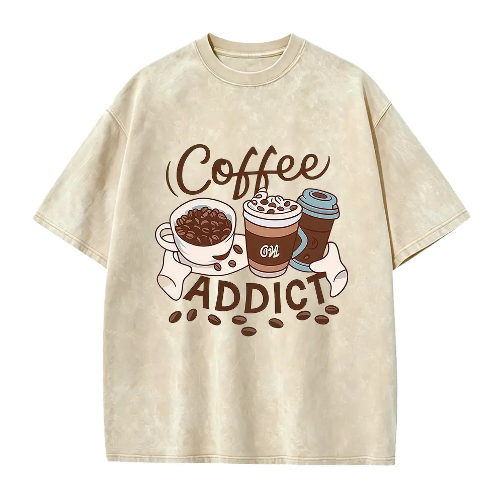 Women's Fitted Elegant Short-Sleeve T-Shirt - Round Neck, Soft Breathable Cotton Fabric, Coffee Addict Printed Graphic, Retro Fresh Style, Versatile Daily Casual Clothes for Spring Autumn (Solid Option Available)