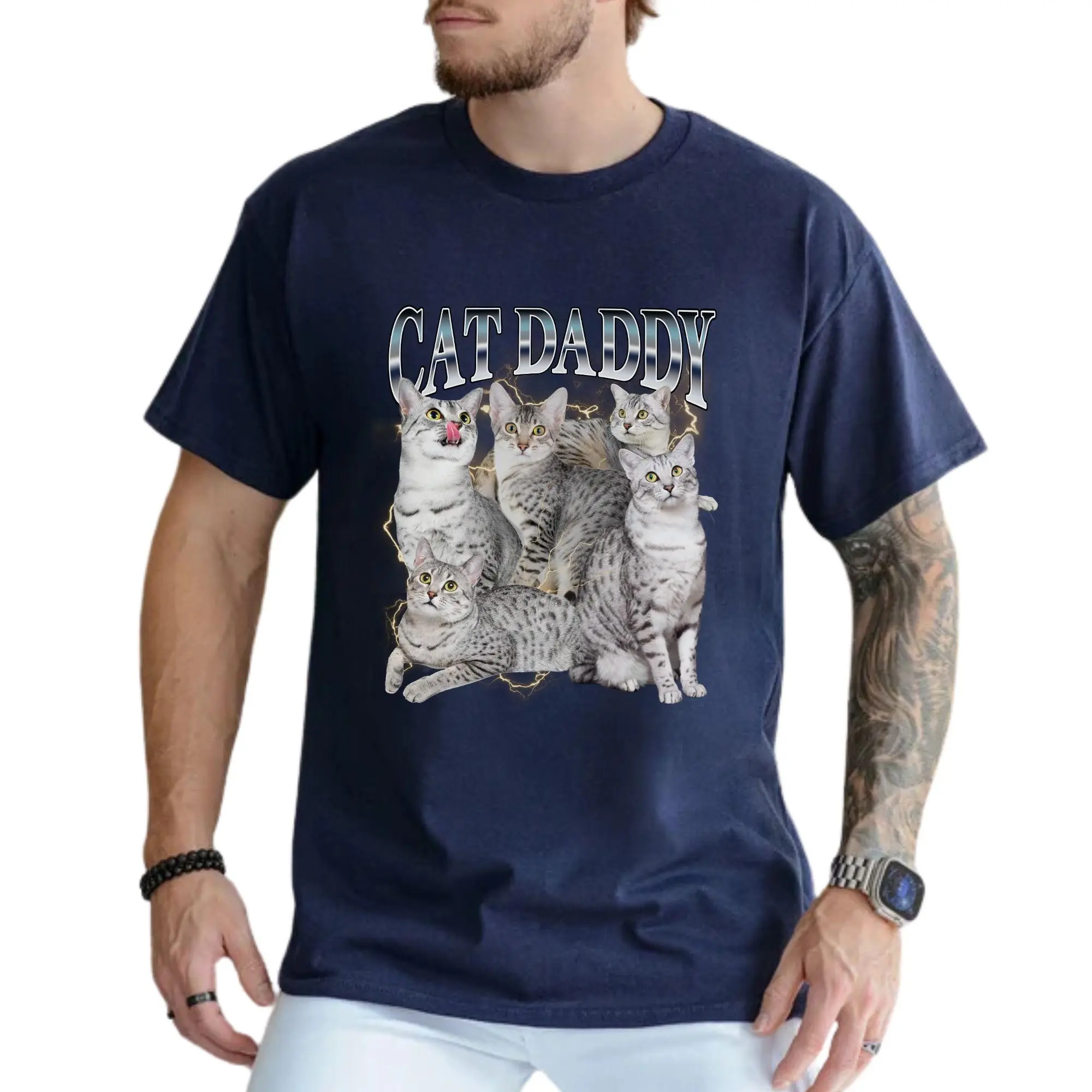 MAPTEES Cat Daddy Graphic Tee, Personalized Cat Dad T-shirt For Men, Personalized Pet Shirt, Custom Text And Photo Men Tee, Gift For Cat Father
