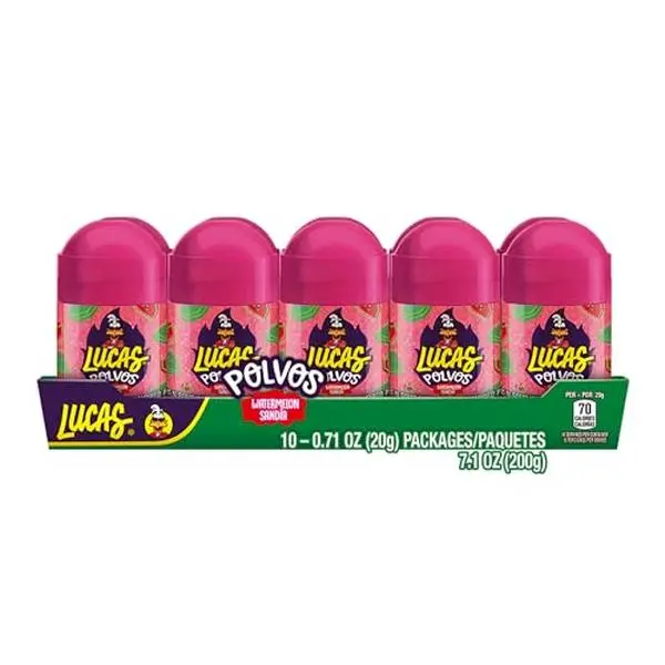 Lucas Powder Watermelon Flavored Candy, 0.71oz - 10 Pieces Pack for Treats, Fruit, Parties, Piñatas
