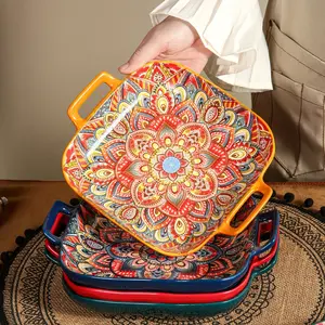 2Pcs/4Pcs Bohemian Ceramic Double Handle Square Plates, Dessert & Salad Plates, Dishwasher & Microwave Safe, Perfect for Holidays