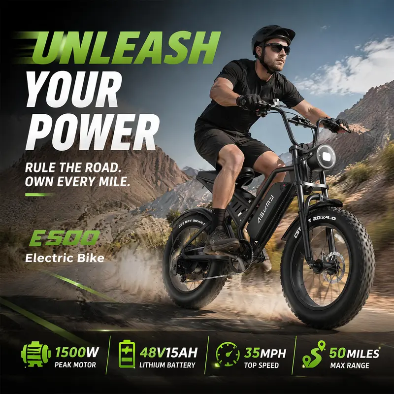 ASKMY E500 Unisex Adult All-Terrain Electric Bicycle - 1500W Motor, 48V 15Ah Battery, Up to 35mph Run, UL 2849 Certified, 20"x4.0" Fat Tires, Dual Suspension, 12 Months Coverage, 148*29.5*88cm, for City Streets & Mountain Trails, Fathersdaygift Ebike