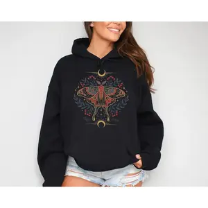 Men's Moon Moth Pullover Hoodie - Long-Sleeve Celestial Gothic Graphic Sweatshirt, Unisex Aesthetic Casual Tops