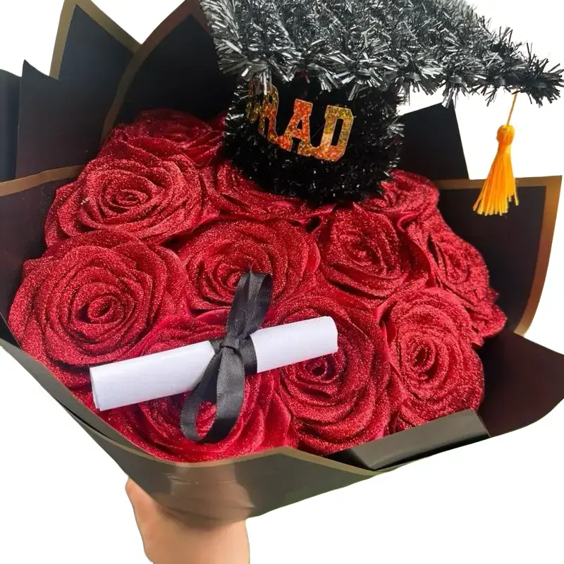 Glitterr 12 Count Graduation Forever Bouquet with Red Roses Graduation Cap Tassel and Diploma Design Elegant and Simple Bouquet for Graduation Celebrations