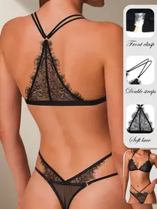 Sexy Backless Bras 2 Piece Sets, Fitted, Elegant, Bridal lingerie Vacation outfits women Aesthetic Eyelash Lace Lingerie Set Back Bralette Wireless Brassiere Woman Front-Close Bra With Thongs Mesh Solid Underwear Womenswear Everyday