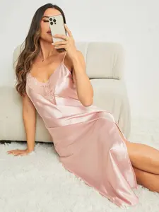 Light Lace Satin Cami Dress, Deep V Neck High Slit, Slim-Fitting, Silky Touch, Elegance, Perfect for Dates & Parties