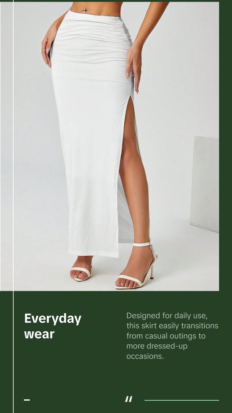 Elegant Ruched Waist Long Skirt for Women - Casual Knitted Fabric with Side Slit for Everyday Comfortable Style - All White Party Wear Womenswear Bottom