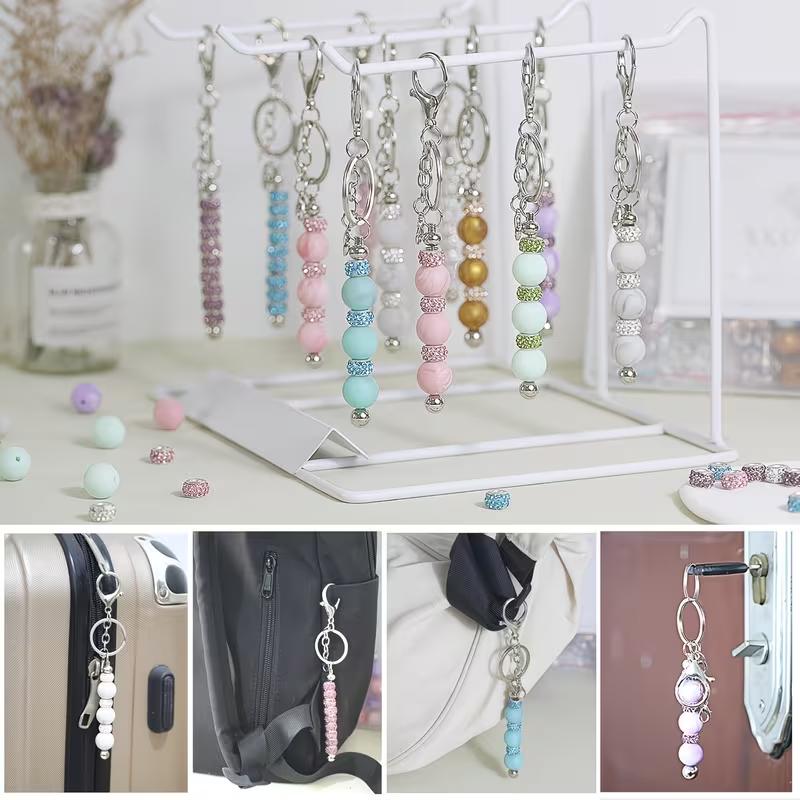 6 Set Beadable Keychains, Bulk Beadable Keychains Bars DIY Blank Keychain, Metal Beaded Keychain with Bars Silicone Beads Spacer Beads