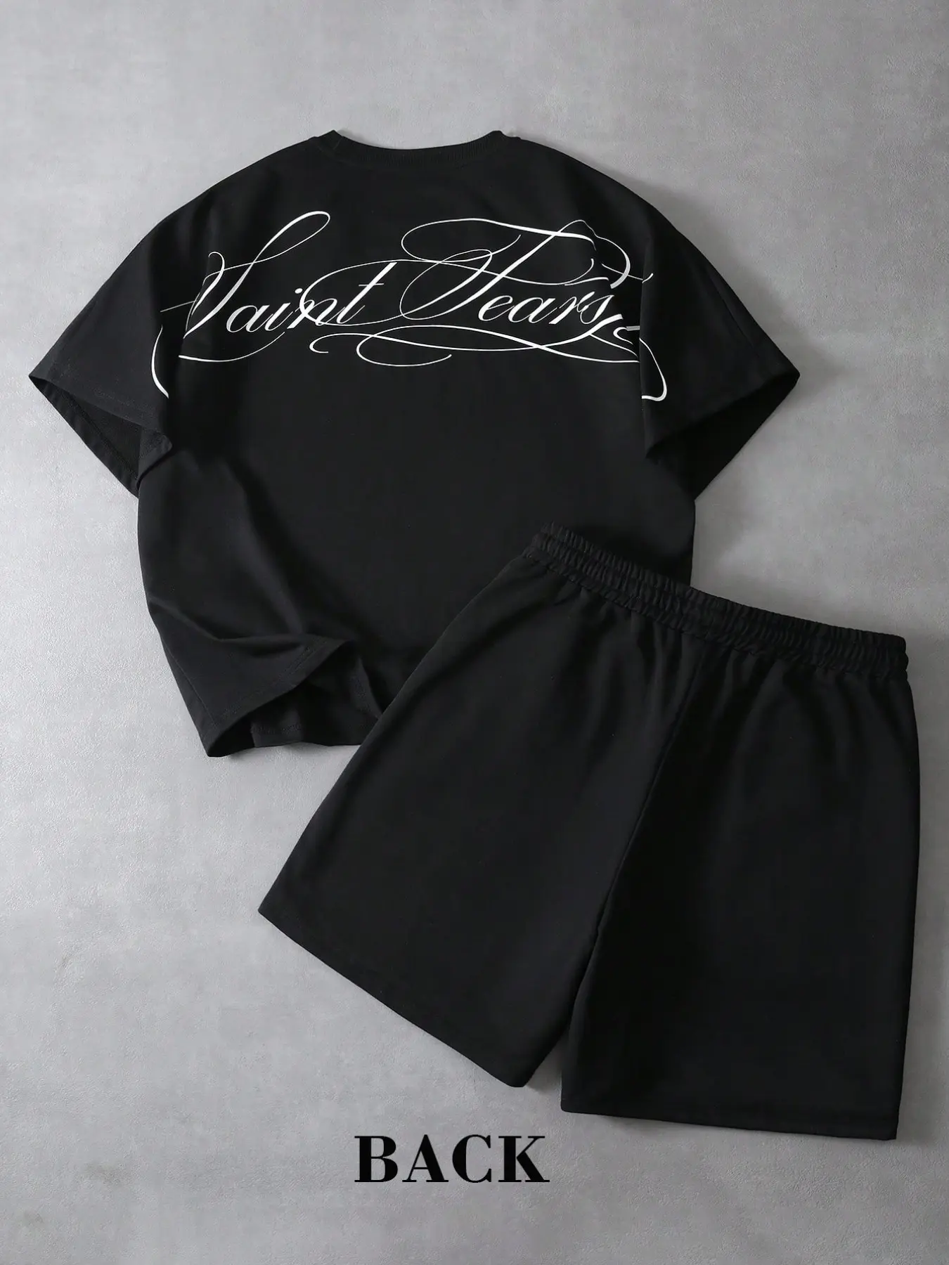 Men's Saint Tears Script Print Two-Piece Set, Loose Breathable Streetwear T-Shirt + Shorts, Y2K Casual Summer Sports Clothes, Menswear
