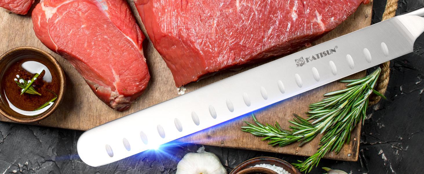 13 Inch Round Tip Ham Slicing Knife, Ultra Sharp German Premium Carbon Steel Brisket Knife Meat Cleaver