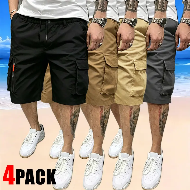 Pack of 4 – Men’s outdoor cargo shorts with multiple pockets, breathable summer casual men’s shorts for everyday commuting, outdoor sports, running workouts, and beach vacations