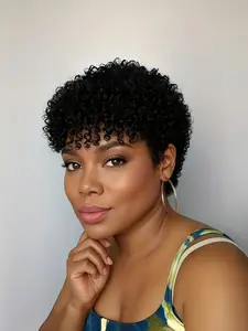 Women's Brazilian Human Hair Wig, Afro Kinky Curly Pixie Cut with Bangs, 4 Inch Short Water Curly Wig, 200% Density Hairpiece