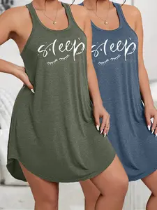 Plus Size Women's Letter Print Tank Top and Nightdress Set, Loose-Fitting Casual Loungewear Home Wear, All Seasons Comfortable