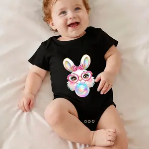 Cute Bunny With Glasses And Bubble Print Bodysuit Baby Rompers Short Sleeve Cotton Toddler Rompers Graphic Print Baby Clothes One-Piece Outfit