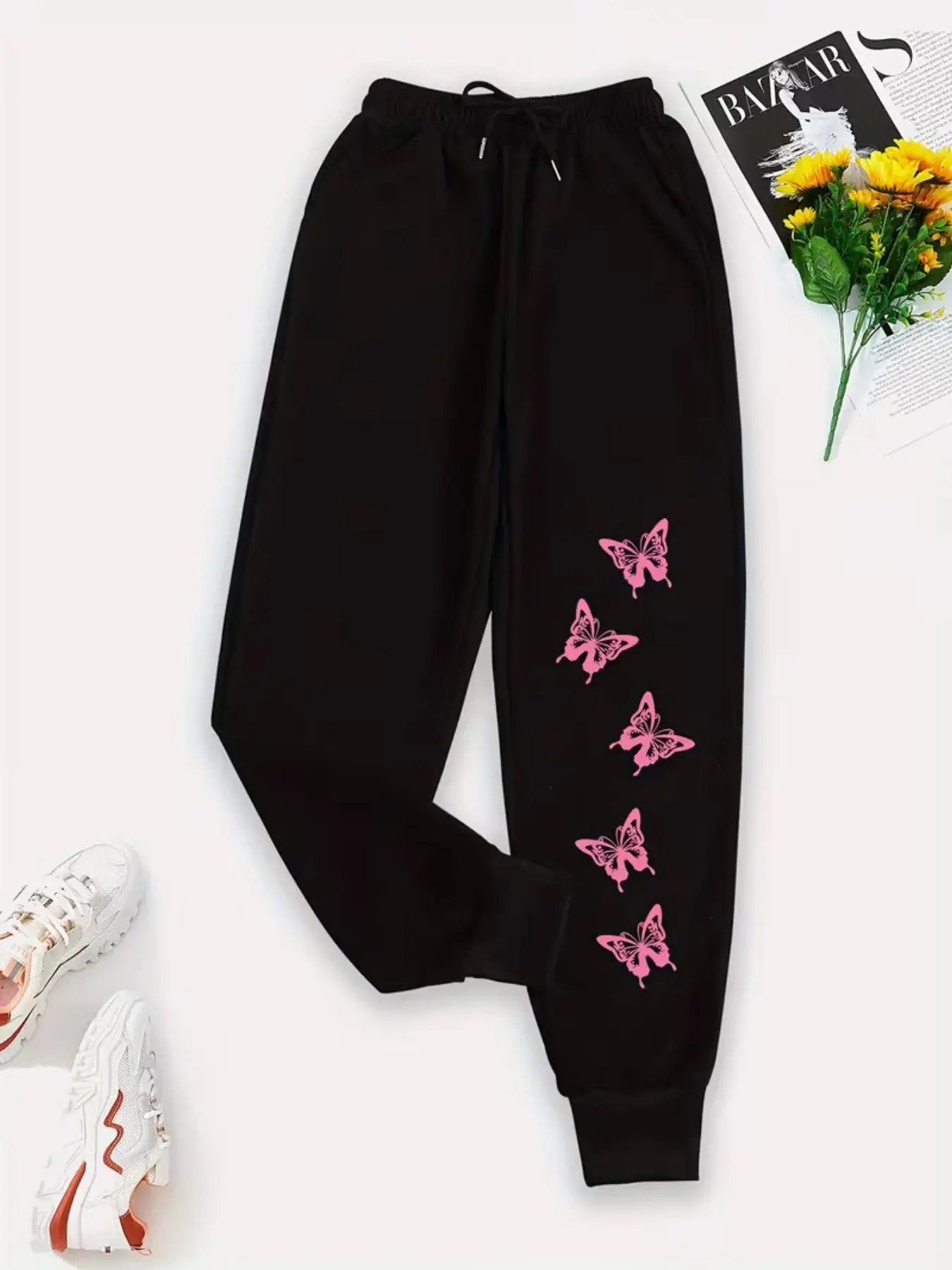 Women's Casual Sporty Pants, Butterfly Pattern Printed Sweatpants, Drawstring Trendy Workwear, Loose-Fitting Joggers for All Seasons, Casual Sports Trousers, Athleisure Style Bottoms