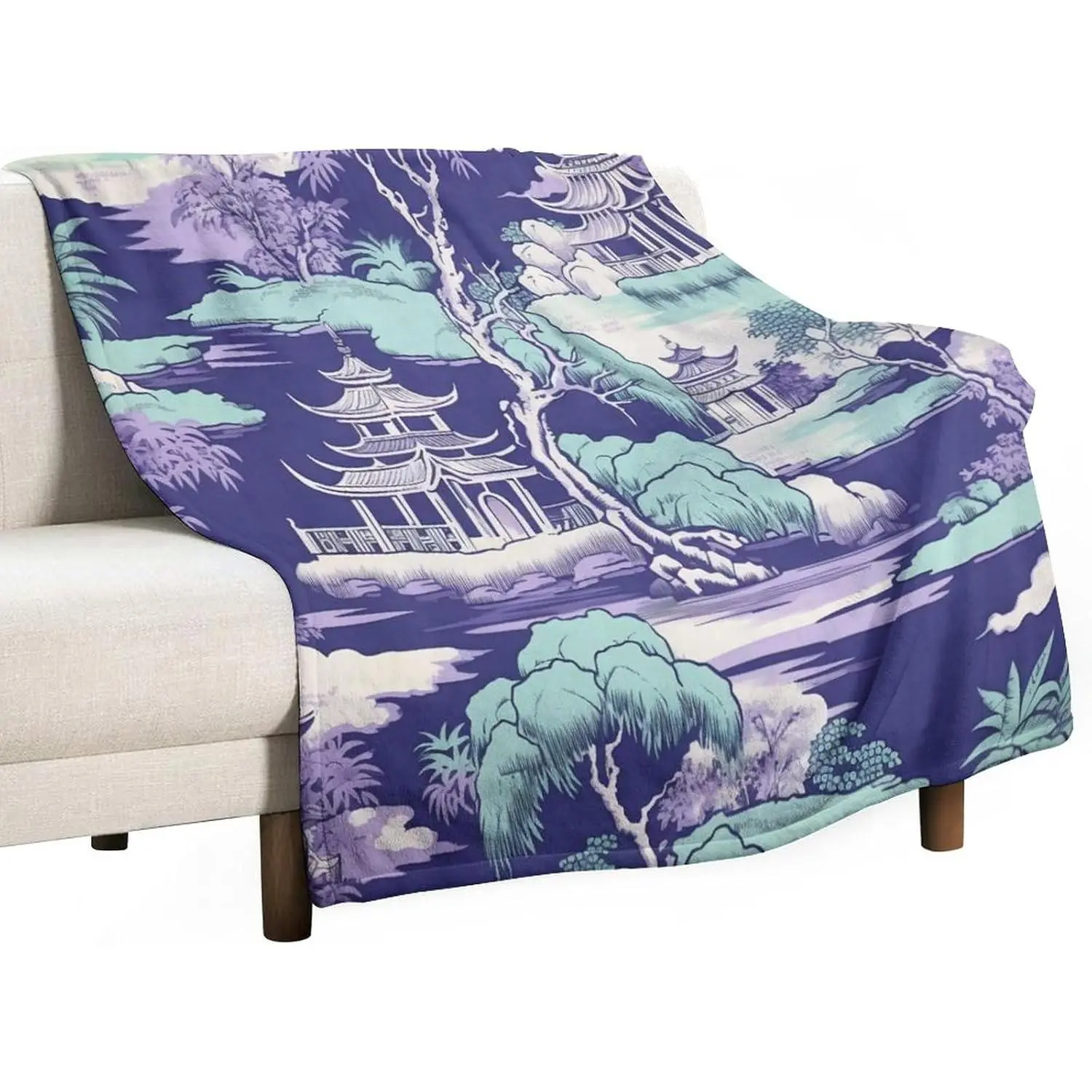 Chinoiserie Asian Scenic Blue and Purple Green Blanket Abstract Pattern in Chinoiserie Style Fleece Throw Blanket 30"x40" Soft Flannel Cozy Blankets for Bed Couch Sofa Gifts