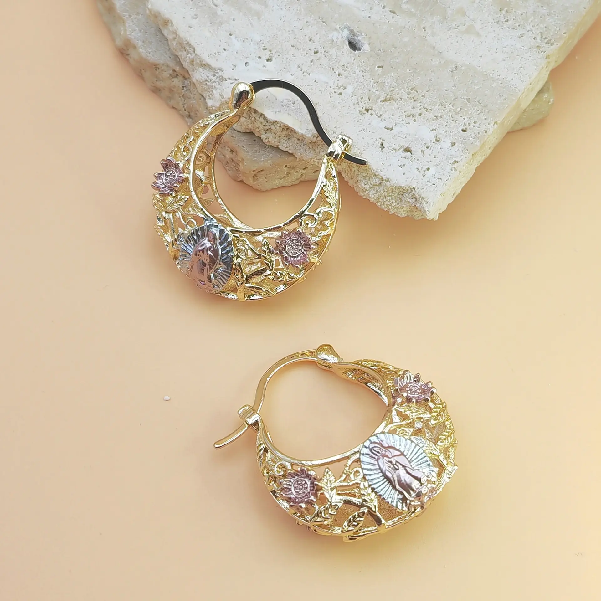 Gold Plated Virgin Mary Hoop Earrings for Women, Guadalupe Religious Jewelry, Tri Color Catholic Hoop Earrings with Flower Accent, Hypoallergenic Faith Earrings, Daily Wear, Gift for Her & Spiritual Style
