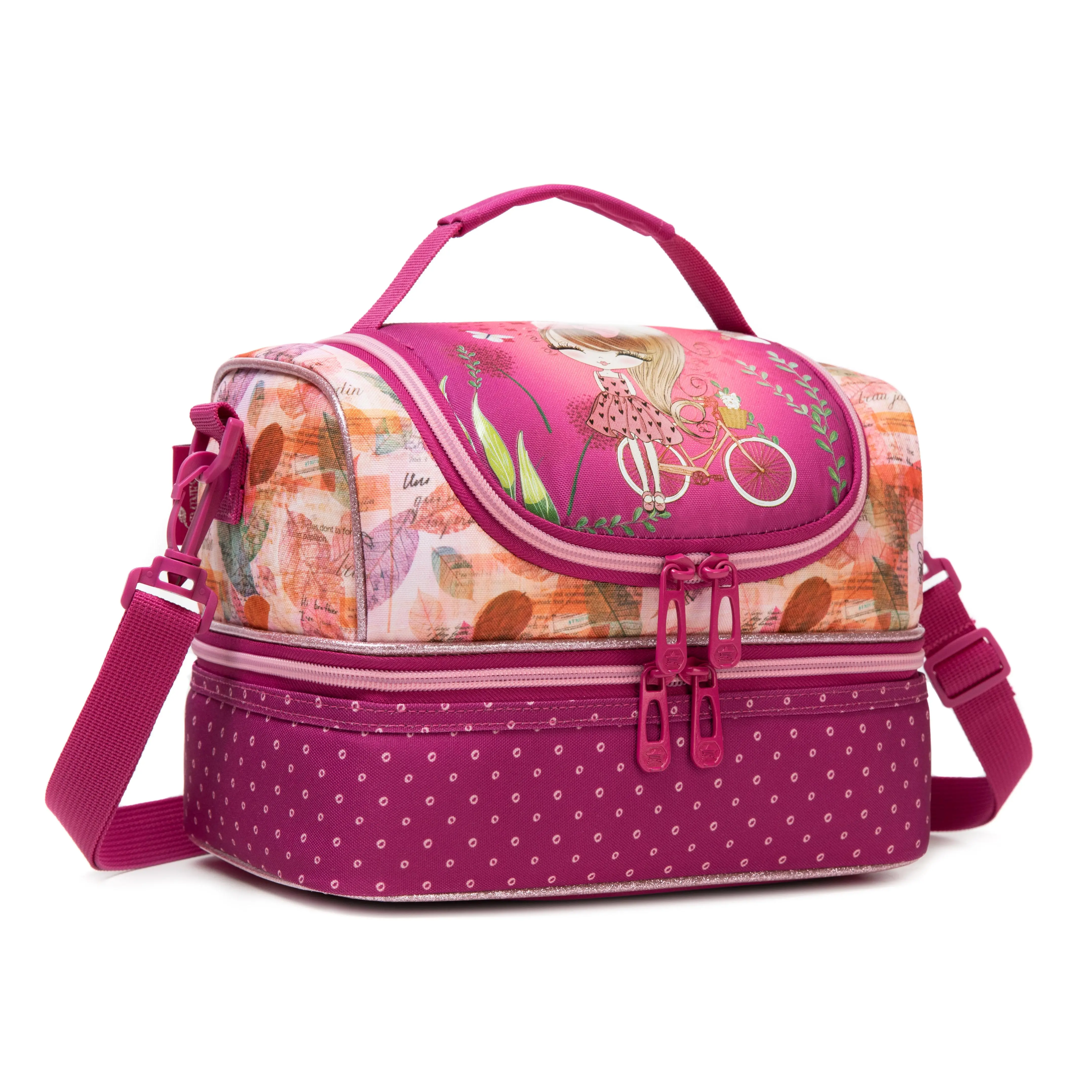 Insulated Kids Lunch Cooler Bag - Magenta Polyester Cute Retro Cartoon Bicycle Polka Dot Design, Leakproof Reusable Multi-Compartment Insulated Pack, Dual Zippers, Shoulder Strap, Easy-To-Clean, High-Capacity for School Picnic (Girls Toddlers)