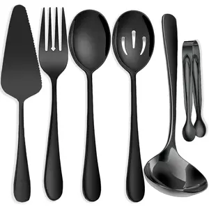 6 count Stainless Steel Serving Utensils, Large Serving Spoons Slotted Spoons, Forks, Ice Suger Tongs, Cake Server, Soup Ladle, Metal Utensils Set  for Buffet Catering Banquet Party, Black